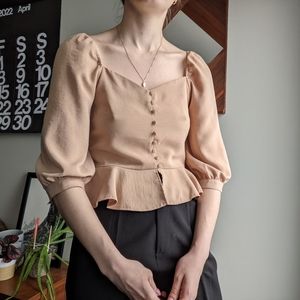 Camel Puff Sleeve Peplum Spring Blouse